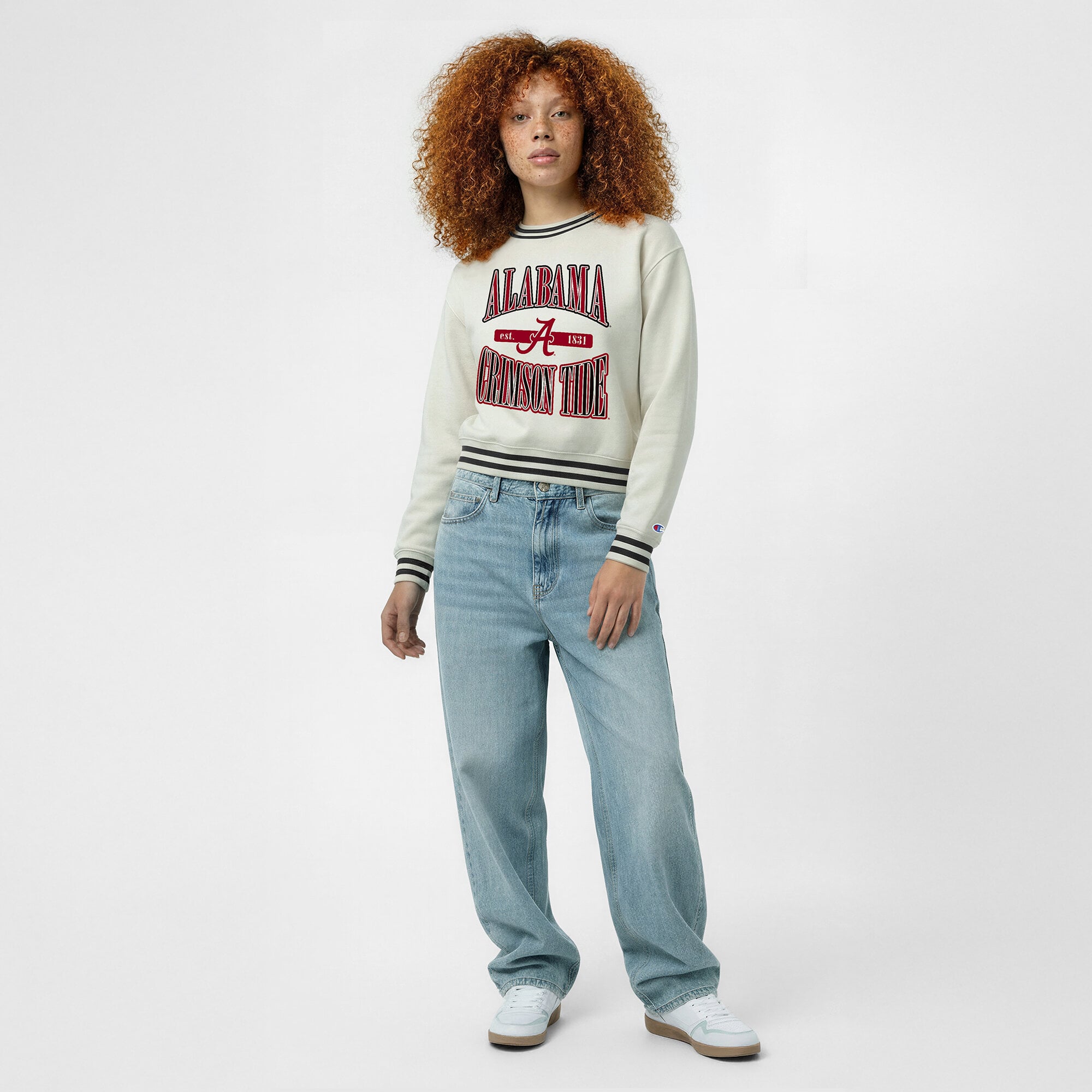 Women's Champion White Alabama Crimson Tide Yarn Dye Rib Reverse Weave Crew Sweatshirt